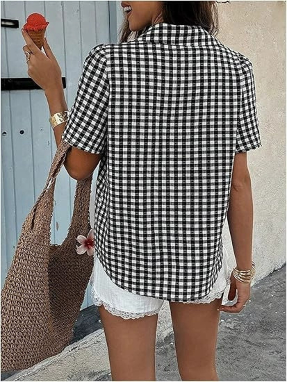 ZARA Womens Spring Summer Retro Loose Plaid Collar Short Sleeve Shirt